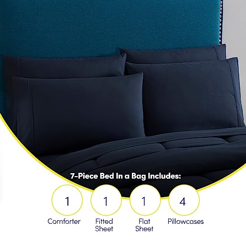 California King Comforter Set - Soft & Breathable 7-Piece Bedding Collection - 1 Comforter, 1 Fitted Sheet, 1 Flat, 4 Pillowcases - Deep Pocket - Premium Quality - Ideal for All Seasons, Navy