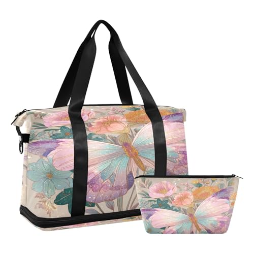Floral Butterfly Beige Travel Duffel Bag for Women Men Gym Bag with Shoe Compartment Wet Pocket Carry On Weekender Overnight Bags for Yoga School Travel Gym2