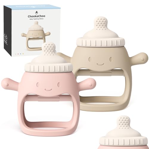 Image of ChooKaChoo 2 Pack Baby Teething Toy for Over 3 Months, Food Grade Silicone Teething Mitten, Anti Dropping Wrist Hand Teethers Baby Chew Toys for Sucking Needs, BPA Free (BabyBottle Pink)