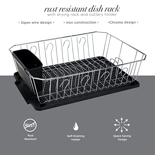 Kitchen Details 3 Piece Dish Rack | Drying Rack, Cutlery Basket & Drainboard Tray | Countertop | Self Draining | Rust Resistant | Chrome | Black #TOP1