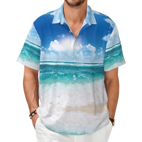 Chemise été homme manches courtes léger imprimé paysage marin tropical bleu ciel avec poche