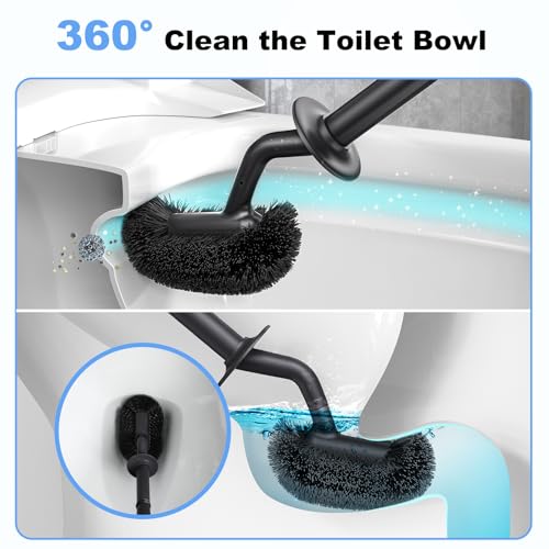 Image of HAMITOR Toilet Bowl Brush Holder Set: Curved Design with Holder for Deep Cleaning Under Rim - Compact Hidden Scrubber for Small Space - Modern RV Bathroom Accessories - Black