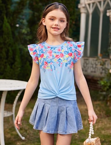 Image of Arshiner Girls Shirt - Short-Sleeve Twist Front T-Shirt for Girls with Cute Flying Sleeves - Summer Blouse Tunic Tee Tops