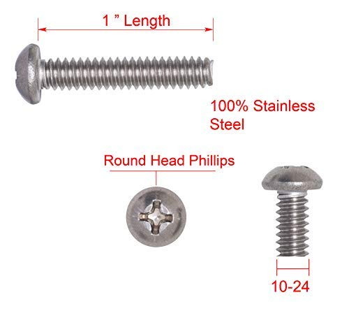 #10-24 X 1" Stainless Phillips Round Head Machine Screw, (100pc), Coarse Thread, 18-8 (304) Stainless Steel, by Bolt Dropper