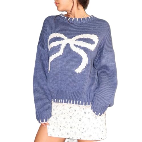 Women Cute Bow Sweater Long Sleeve Bow Front Knitted Pullover Oversized Jumper Ribbed Knitwear Y2k Going Out Top