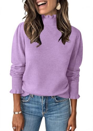 Image of Womens Ruffle Mock Neck Sweater Puff Long Sleeve Fall Trendy Pullover Tops | Fall Winter Clothes, Soft, Business Casual Outfits, Trendy Fashion, Knitted Shirts