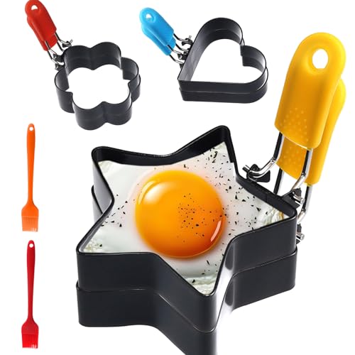 6 Pack Egg Ring with Silicone Handle,Stainless Steel Egg Cooking Rings,Egg Rings for Frying with Oil Brush,Pancake Mold Fried Egg Mold Egg Mcmuffins Makers Omelet Pancake Makers for Breakfast