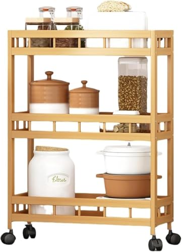 fancyfly天然木製キッチンワゴン、 隙間収納 キャスター付き、 隙間収納 すきま収納, 調味料や食品、ペットボトル、小物などを収納可能で (50*18*71cm)