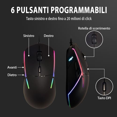 Mouse Gaming Ergonomico, Sensore Pixart 3360 12.000 DPI, Polling Rate 1000Hz, 6 Pulsanti Programmabili, RGB Dinamico, Compatibile con Tastiera Gaming 60% SFX, Nero, Plastica - Mouse gaming - Immagine 1