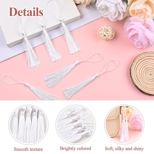 Image of NACHLYNN 120 Pcs Bookmark Tassels Bulk 13cm /5 Inch Silky Handmade Soft Craft Mini Tassels for Jewelry Keychain Making with Loops for Dress Decoration DIY Craft Accessory (White)