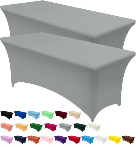 kitchen spandex tablecloth 2 pack [6ft, grey] tight, fitted, washable and wrinkle resistant stretch table cloth rectangle cover for trade show, weddings & parties [72lx30wx30h inch]