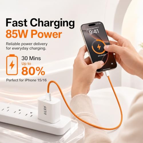 Image of Type C to C Cable 85W Fast Charging, Nylon Braided Cable with PD for iPhone 15 /16 /17, Samsung, OnePlus, Redmi, Pixel, MacBook, Smartphones, Tablets & Laptops, 480Mbps Data Sync Orange-AILKIN