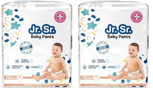 Image of Jr. Sr. Baby Diaper Pants | Medium (M) Size (7-12 kg), 70 Count | Pack of 2 | Upto 12 hr Absorption with Advanced Leak Protection | Safe For Babies Skin | Soft, Secure & Comfy