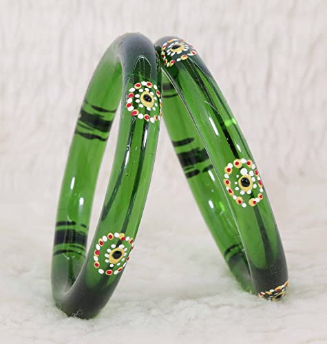 Image of NMII Traditional Glass With Diamond Cutting Pattern Glossy Finished Stylish Kada Set For Women And Girls | Crystal Glass Kada Bangles Set For Wedding, Festive