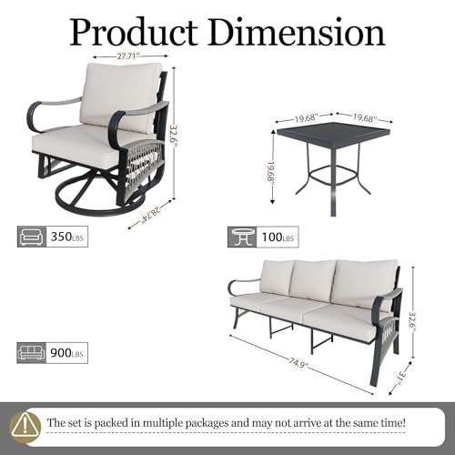 Image of 4 Pieces Outdoor Furniture Set, Patio Conversation Set with Swivel Rocking Chairs Sets and 3-Seater Couch Sofa for Deck, Porch, Garden, Backyard, Poolside (Beige Cushions)