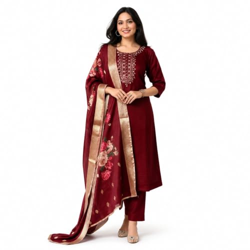 Image of Kaththai Women Embroidered Kurta and Pant Set with Dupatta | Ethnic Suit Set for Women | Floral Printed Organza Dupatta | Festive, & Traditional Kurta Set