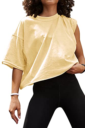 Image of HUGOOME Womens Oversized Workout Crop Top Casual Short Sleeve Boxy Roll Hem