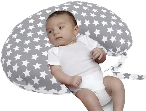Image of Adjustable Baby Breast Feeding Pillow, Nursing Pillow, Maternity Feeding Pillow with Detachable Cover 0-24 Months Breastfeeding 24 x 22 x 6 inches (Grey & White Star)