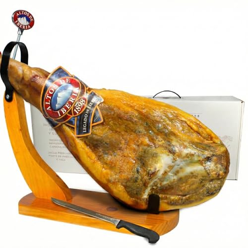 Altos de Iberia Serrano Ham Spain - With Ham Stand and Knife - Min Weight 14lb - 18 Months Avg Curing Time - Great Family and Friends Gift