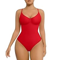 FeelinGirl Shapewear for Women Tummy Control Bodysuit Seamless Sculpting Snatched Waist Body Suit Shaper Thong Red M-L