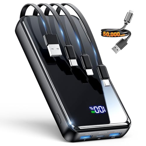 Portable Charger,50000mAh Power Bank Built-in Cable, 22.5W PD USB C In & Out Fast Charging, External...