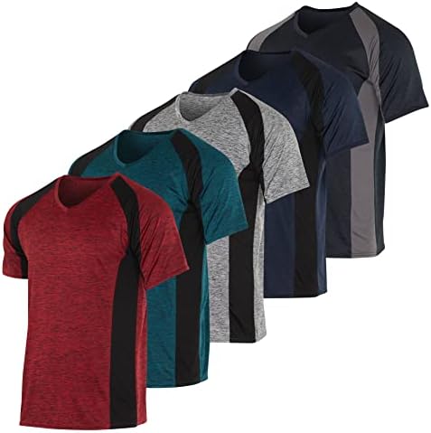 Real Essentials Athletic V Neck Tshirt Shirts T-Shirts Men Quick Dry Fit Tops Dri Fit Short Sleeve Active Wear Training Exercise Fitness Workout Shirt Tee Tees Gym Sports Top, Set 5, L, Pack of 5