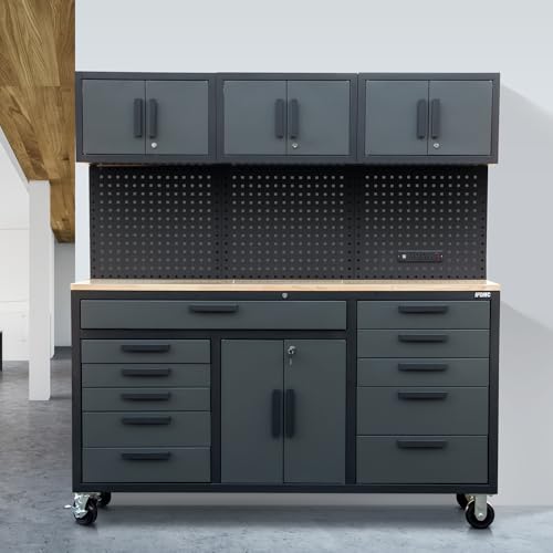 Image of 72in Rolling Tool Chest Cabinet, 2PCS Mobile Garage Workbench Heavy-Duty Tool Cabinet on Wheels with 11 Drawers, 2-Door Cabinet, 3 Top Cabinet, Pegboard & Power Strip for Tool Organization