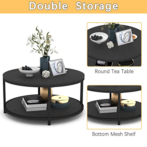 Image of NSdirect Round Coffee Table, 36 inch Rustic Wooden Surface Top & Sturdy Metal Legs Industrial Sofa Table for Living Room Modern Design Home Furniture with Storage Open Shelf (Black Oak)