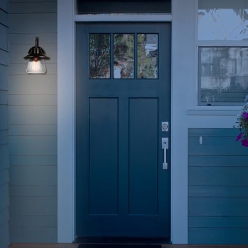 Image of Globe Electric 60000012 1-Light Outdoor Wall Sconce, Matte Black, 7 inch Seeded Glass Shade, Curved Stem, Porch Light, Wall Lighting, Patio Decor