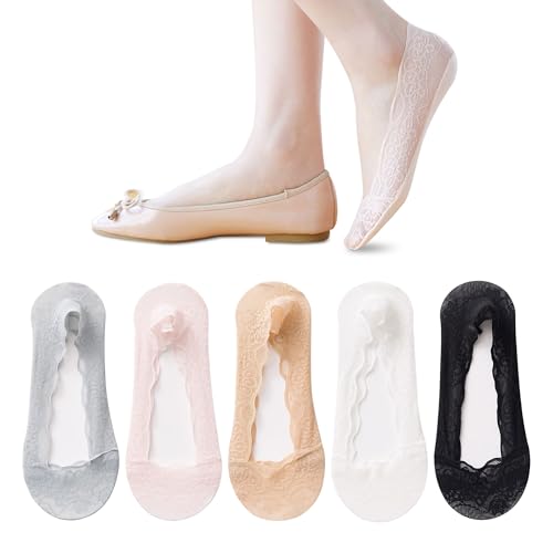 5 Pairs Low Cut Lace Socks - Ice Silk Thin No Show Non-Skid Boat Socks for Women & Girls