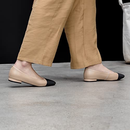 SHODENSE Women Cap Toe Flats Shoes Slip On Two Tone Square Round Toe Ballet Flats Comfortable Matte Leather Flat Heel Dress Shoes Patchwork Elegant Daily Casual Fall Driver Office Flats 4-11 M US4