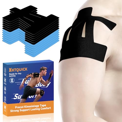 Image of Kinesiology Tape for Shoulder Precut, 12 PCS Black&Blue Mixed Colors, Shoulder Tape for Pain Relief, KTQUICK Original Cotton Waterproof&Breathable, Enhance Elastic Sports Tape for Pain Support&Muscle