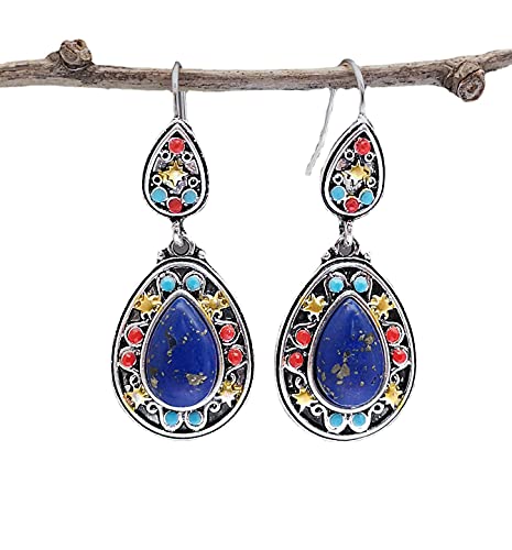 CUSIOALQQ Pendientes colgantes de plata de ley 925 con piedras preciosas turquesas para mujeres y niñas, aretes colgantes de lágrima grandes, multicolor, estilo bohemio occidental, joyería vintage,