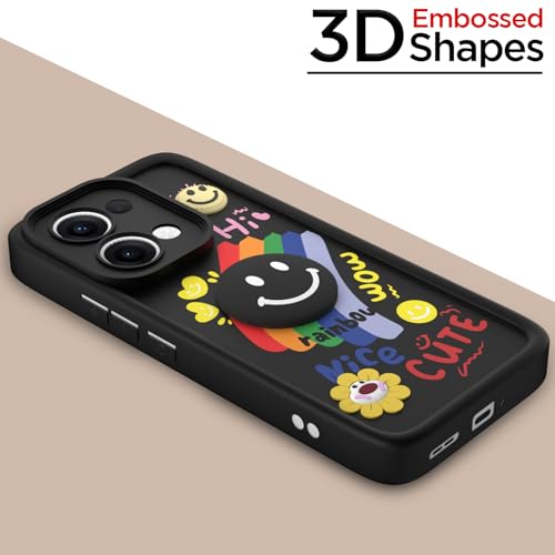 Image of Pikkme Back Cover for Oppo Reno 13 5G | Soft Silicone| Cute Rainbow Smile & 3D Cartoon Flower Design | Shockproof Raised Camera Protection Bumper Case (Black)