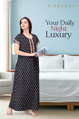 Image of NIHSAMAH Cotton Nighty for Women with Pocket, Premium Printed Long Nighty | Comfortable & Fancy Sleepwear /Nightwear