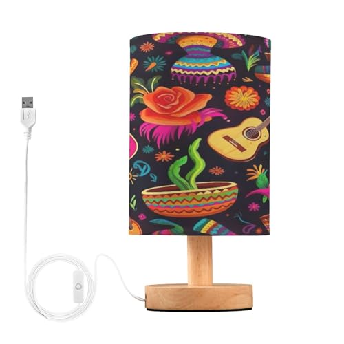 SDMKA Mexico Holiday Pattern Bedside Table Lamp for Bedroom, Minimalist Nightstand Lamp with Round Fabric Shade for Living Room, Office, No Bulb Required