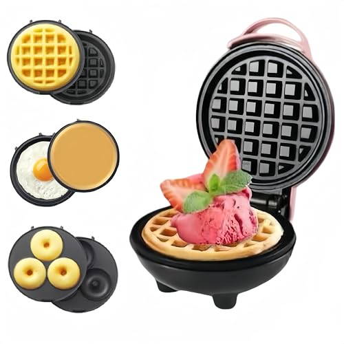 Lifeeverkeep 3 in 1 Mini Waffle Maker with Removable Plates-Waffles,Donuts,Pancakes all in Multimaker -Nonstick Surface for Easy Cleaning - Great Holiday Gift(Pink)