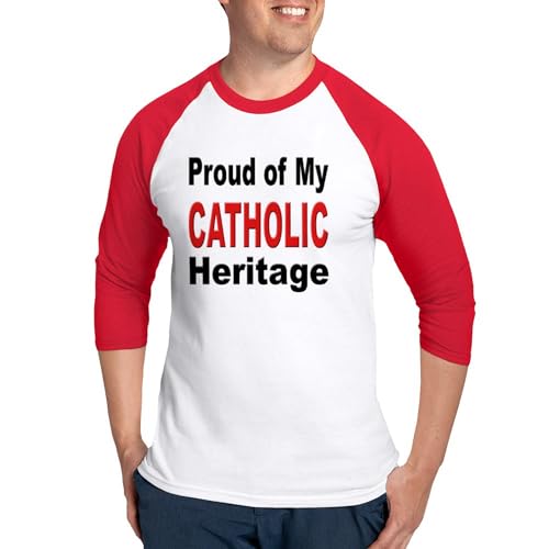 CafePress Proud Catholic Heritage Baseball Jersey Men's Cotton Baseball Jersey, 3/4 Raglan Sleeve Shirt Red/White