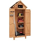 GarveeLife Outdoor Wooden Storage Shed Waterproof, 70 in Vertical Outdoor Storage Cabinet with 3 Shelves, Roof Storage & Lockable Door, Space-Saving Garden Tool Shed for Patio, Yard, Lawn
