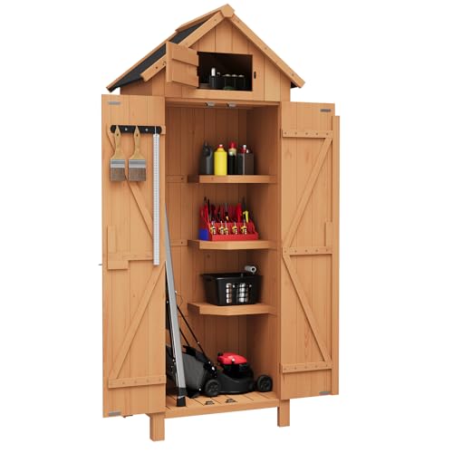 GarveeLife 70 in Outdoor Wooden Storage Shed Waterproof, Vertical Outdoor Storage Cabinet with 3 Shelves, Roof Storage & Lockable Door, Space-Saving G