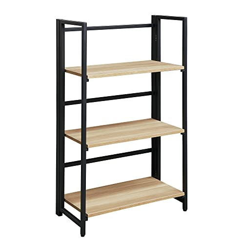 PADMA HOUSE Bibliothèque à 3 étages avec rail arrière, pliable, sans installation, étagère en bois rustique industriel avec cadre en métal, étagère de rangement vintage avec étagères ouvertes Cover