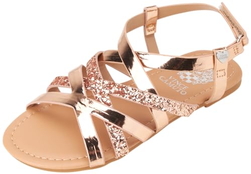 Image of Vince Camuto Girls' Sandals - Open Toe Summer Strappy Flat Dress Shoes with Glitters and Secure Hook and Look Closure