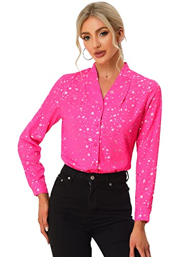 Allegra K Blusa de Estrellas con Lunares Brillantes Dorados de Manga Larga metálica Vintage para Mujer Rosa XS