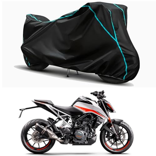 Image of Waterproof Bike Body Cover Compatible for | KTM 390 Duke BS6 | Taffeta Fabric, Sky Piping Design, Bottom Elastic Fit | Dustproof, Sun UV & Rain Protection for All Weather.