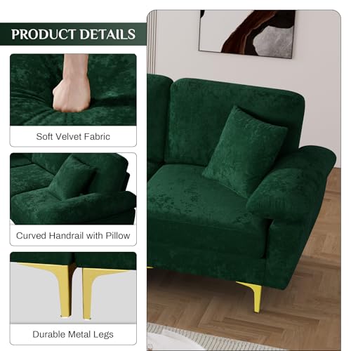Image of OUYESSIR L Shaped Sectional Sofa Couch, 3 Seat Velvet Sofa with Ottoman and Pillows, Upholstered Comfy Couch Sleeper for Living Room, Bedroom, 91 inches (Green)