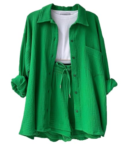 La Mejor Recopilación de Pantalones de Moda para Dama los mejores 5. 46 Conjunto de 2 Piezas de Lino y algodón para Mujer, Camisa de Manga Larga con Botones y Pantalones Cortos con cordón de Cintura Alta (Verde, Chica)