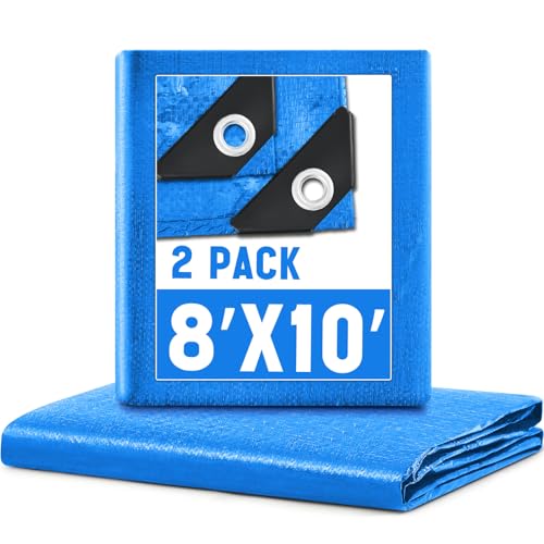 Image of 2 Pack 8 x 10 ft 5.5 Mil Large Tarps Heavy Duty Waterproof Tarp Multi Purpose Tent Cover for Home Boats Cars Camping Patio Furniture Roof Emergency Rain Protective Cover, Blue