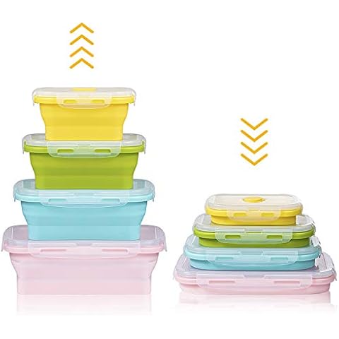ZWOOS Silikon zusammenklappbaren Container, 4 Stück wiederverwendbar Zusammenklappbare Silikon-Aufbewahrungsboxen Faltbare Frischhalteboxen Bento Lunchboxen Cover