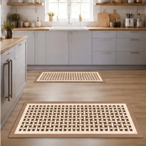 Image of HomeCloud Rubber Kitchen Mats for Floor Set of 2 Pcs | Non-Skid, Soft Absorbent Rugs for Kitchen, Laundry, and Hallway | 120x40cm, 40x60cm| 4mm Thickness(Interlock Beige)