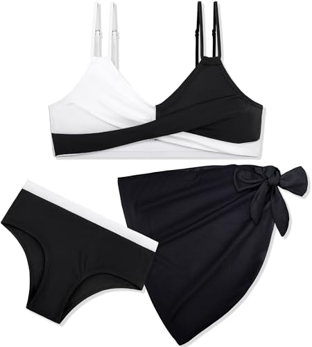 Image of Girls Swimsuits Bathing Suit Bikini Set V Neck Twist Cross Swimwear with Cover Up Skirt for Teens 9-15T
